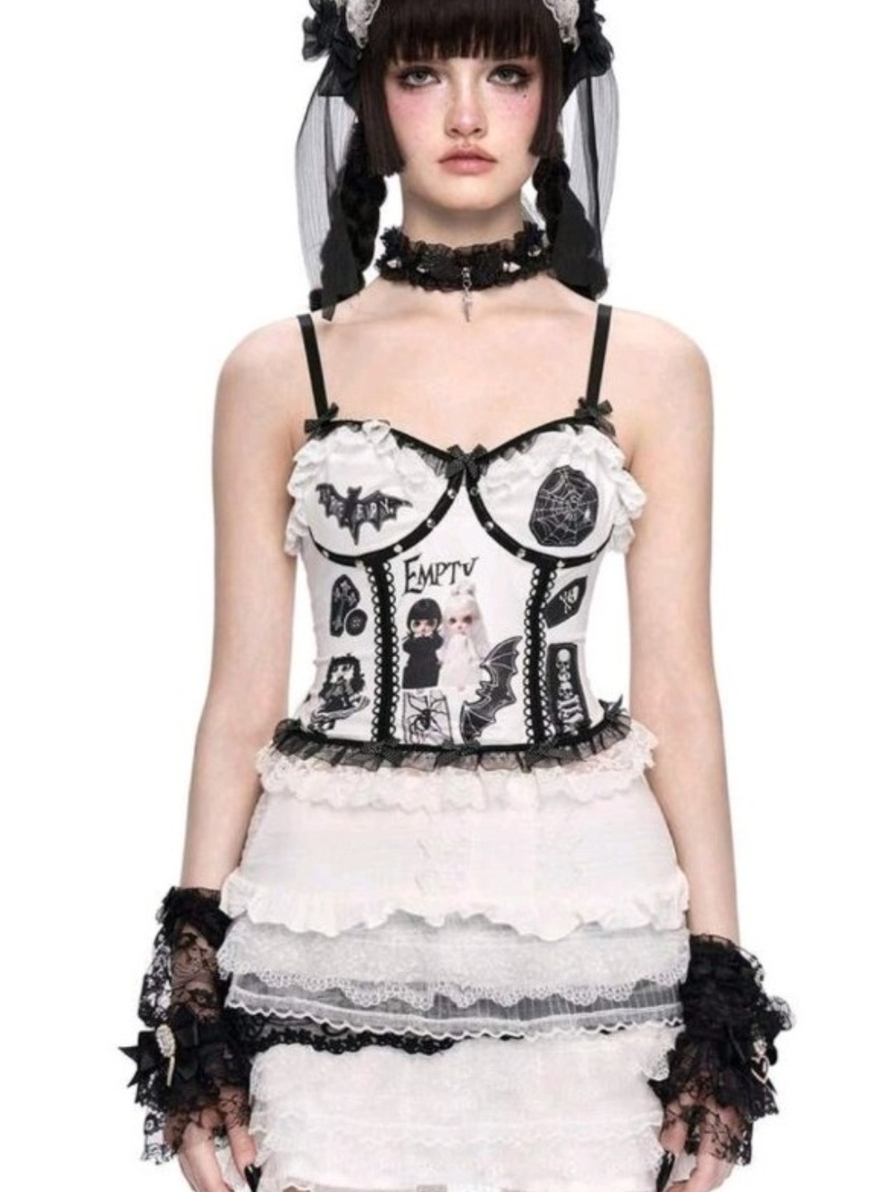 White and Black Gothic Doll Lace Bustier Top